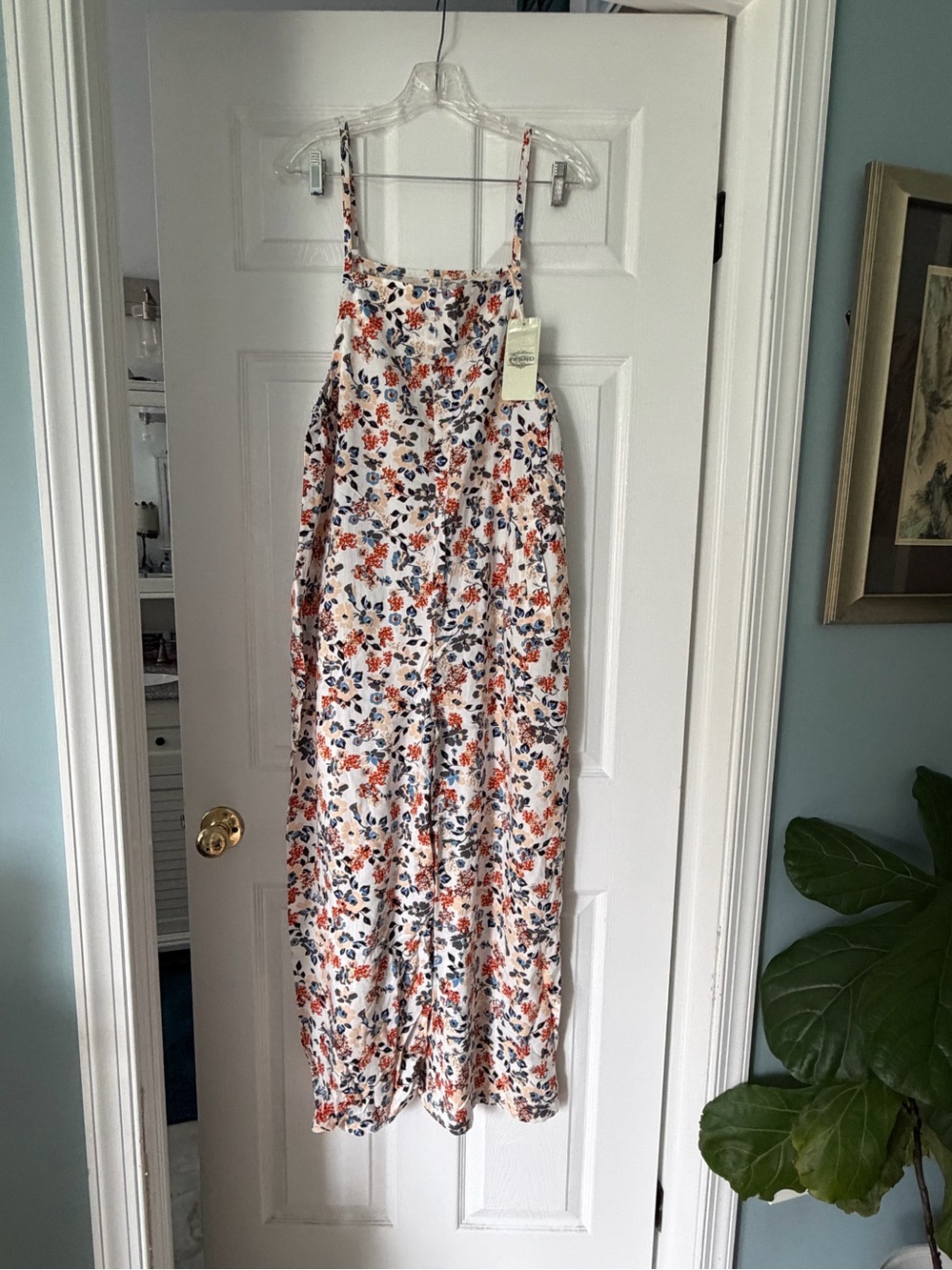 Women’s White Floral Summer Jumpsuit with Orange & Blue Print